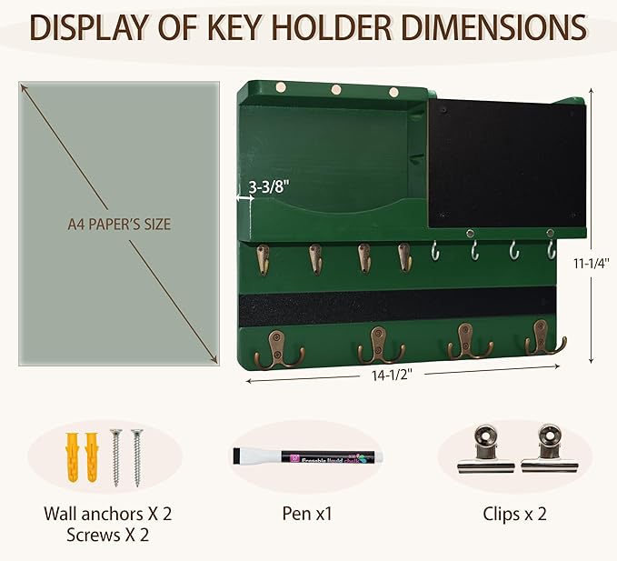 Key Holder for Wall Mount with Shelf and Mail Organizer, Key and Mail Holder with 16 Hooks, Farmhouse Entryway Organizer, Home Decor Rack (Pine Wood,Green)