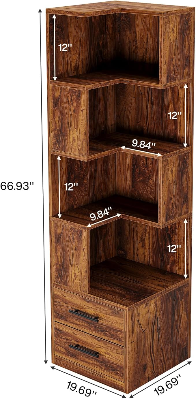 Tribesigns 5-Tier Corner Bookshelf with 2 Drawers, 66.9-Inch Tall Corner Bookcase Shelf, Mid-Century Modern Corner Storage Cabinet Display Rack Shelf for Living Room, Home Office (Rustic Brown)