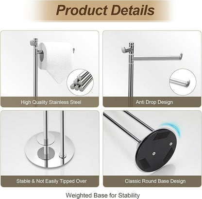 BVL Freestanding Toilet Paper Holder with Hook, Polished Chrome Stainless Steel Weighted Toilet Paper Holder Stand, Bathroom Freestanding Toilet Paper Holder Holds 5 Rolls