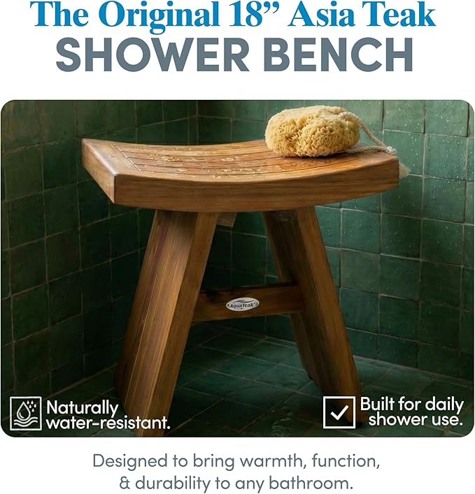 AquaTeak The Original 18" Asia Teak Shower Bench - Shower Stool for Bathroom - Durable Water Resistant Shower Chair - Shaving Foot Rest - Indoor & Outdoor Use