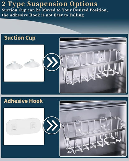 Consumest Sponge Holder Sink Caddy - Ladder Shaped Sponge Holder for Kitchen Sink with 2 Installation Ways (Suction Cups & Adhesive Hook), Rustproof Stainless Steel Kitchen Organizer, Silver