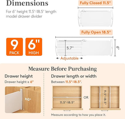 Lifewit 6" Tall 9 Pack Drawer Dividers, 11.5"-18.5" Adjustable Deep Drawer Organizer Clothes, Expandable White Plastic Separators for Dresser, Kitchen, Cabinet, Closet, Office Organization & Storage