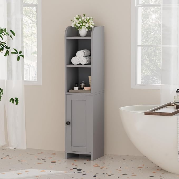 Homhedy Small Bathroom Storage Corner Floor Cabinet with Door and Shelves, Beside The Toilet Paper Stand for Skinny, Narrow Toilet Paper Cabinet, 7.9" D x 7.1" W x 31" H, Gray
