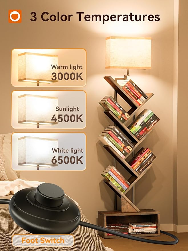 addlon 6-Tier Tree Book Shelf with LED Light, Steel&Wood Bookshelf with Storage Cabinet, Narrow Tall Bookcase with 3CCT Bulb, Small Bookshelf for Bedroom, Home Office&Living Room-Rustic Brown