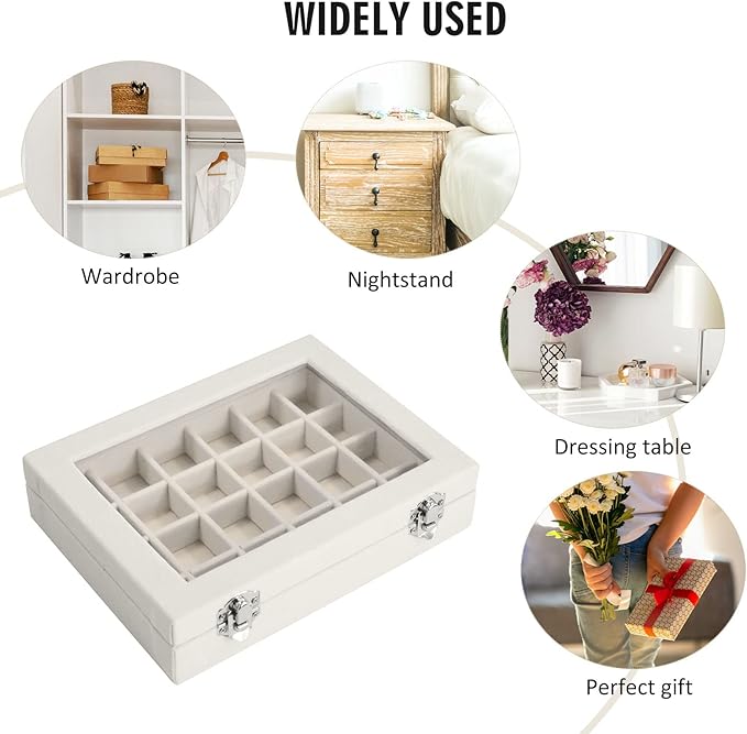 Vicoter Velvet Jewelry Box 24 Grid Jewelry Ring Display Organiser Box Tray Holder Earrings Storage Case for Girls Wife Mom Women (Beige)