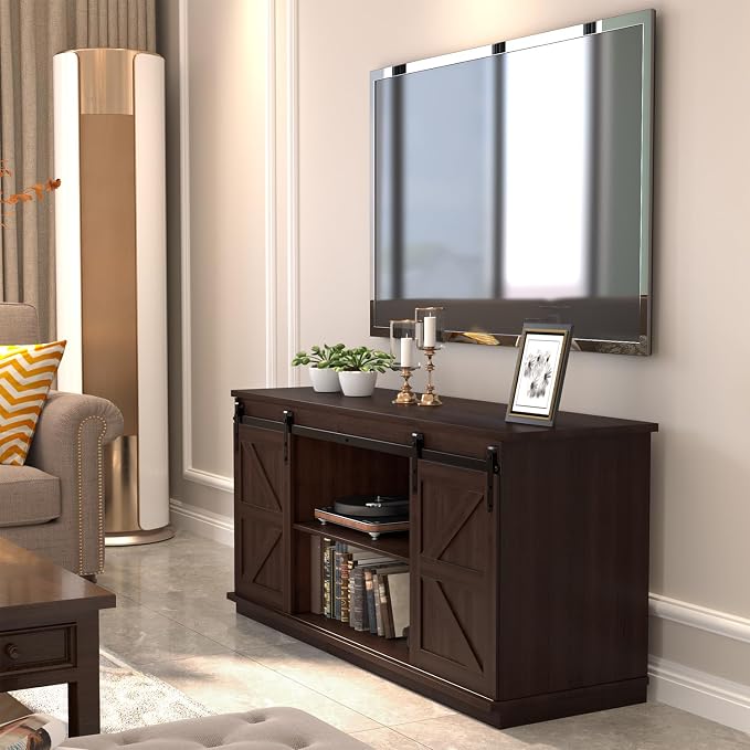 JUMMICO TV Stand for 65 Inch TV, Entertainment Center with Storage Cabinets and Sliding Barn Doors, Mid Century Modern Media TV Console Table for Living Room Bedroom (Brown)