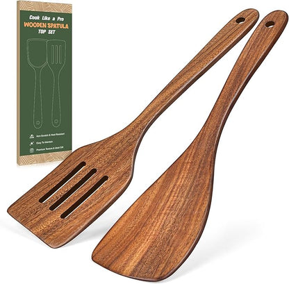 2Pcs Wooden Spatula, Acacia Wooden Spatula for Kitchen Use, Nonstick Cookware Safe Utensils Set including Turner and Slotted Turner, Ideal Cooking Utensils Gift Set for Cooking, Frying, Baking