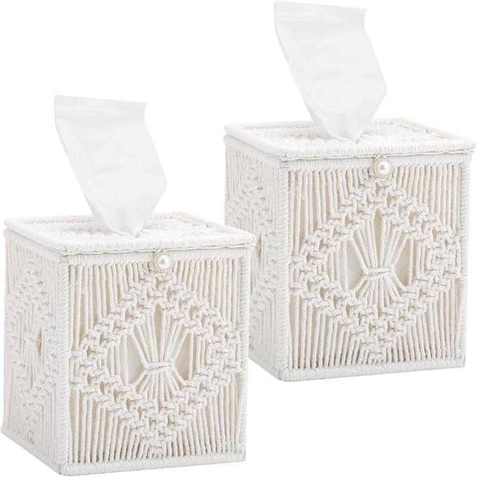 Macrame Tissue Box Cover, 2 Pack Square Boho Decor Tissue Holder, Handmade Woven Cotton Rope Organizer with Open Bottom for Bedroom, Bathroom, Living Room, Office - Ivory