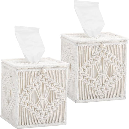 Macrame Tissue Box Cover, 2 Pack Square Boho Decor Tissue Holder, Handmade Woven Cotton Rope Organizer with Open Bottom for Bedroom, Bathroom, Living Room, Office - Ivory