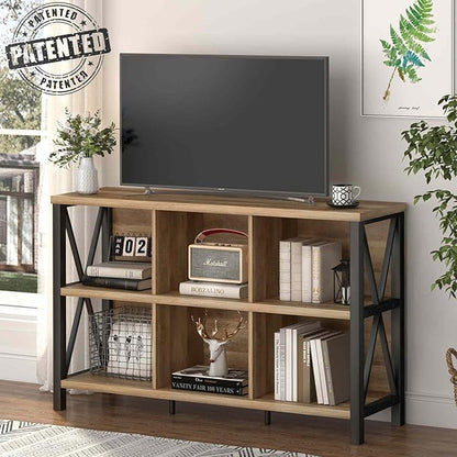 FATORRI 6 Cube Storage Organizer with Shelf, Long Wood and Metal Cubby Bookcase, Industrial Horizontal Bookshelf (Rustic Oak, 47 Inch) | with Shelf, Long, Horizontal Bookshelf