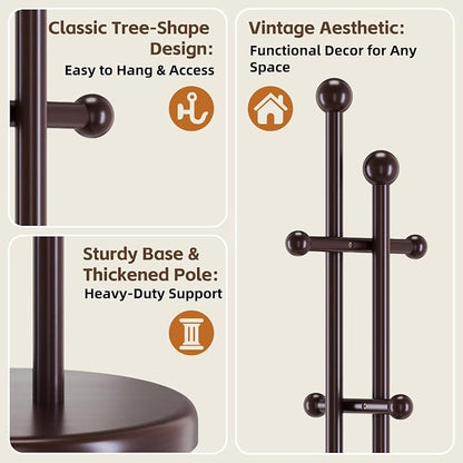 Uniclinens Wood Coat Rack Freestanding - Heavy Duty Freestanding Coat Rack, Wooden Coat Stand with 6 Hooks Creative Tree Branch-look for Entryway, Hallway, Bedroom (Dark Walnut)