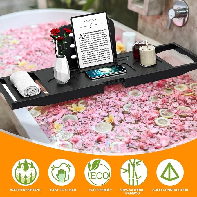 Premium Bathtub Caddy Tray Black - Bath Tray - Bath Tub Tray Table for Bathtub - Bath Caddy Tray for Bathtub, Expandable Size, Fits Most Bath Tubs