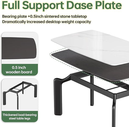 59'' Modern Dining Table, Sintered Stone Dining Table, Rectangular Slate Patio Table with Metal Legs, Indoor-Outdoor Ceramics Table for Patio, Backyard, Scratch and Heat Resistant