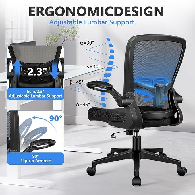 Desk Chairs with Wheels, Ergonomic Mesh Office Chair Adjustable Height and Swivel Lumbar Support Home Office Chair with Flip Up Armrests, Set of 16