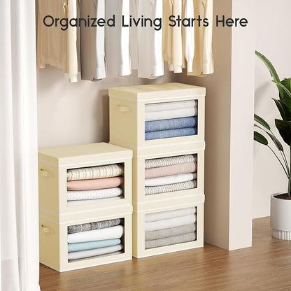 Collapsible Storage Bins with Lids - Stackable Storage Containers with Window, 3 Pack Fabric Organizing Bins for Closet, Home & Office Organization Baskets, Beige, 14.9" x 9.8" x 9.8"