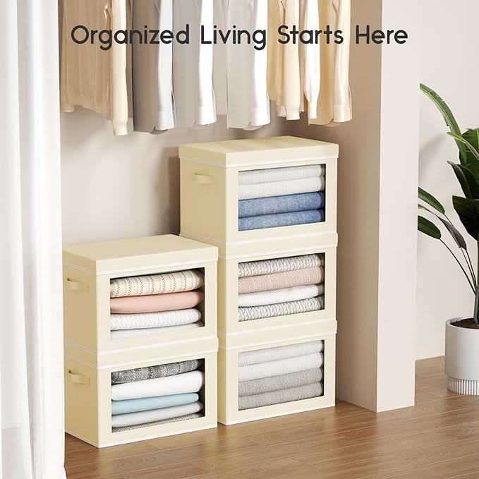 Collapsible Storage Bins with Lids - Stackable Storage Boxes with Window, 15.7 Inch Fabric Organizing Bins for Closet, Home & Office Organization Baskets, Beige, 3 Pack