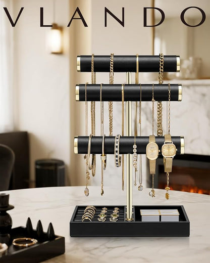 VLANDO 3 Tier Bracelet Holder Organizer with Tray - Leather Jewelry Stand Organizer for Women - Jewelry Holder Display for Necklace, Watches, Rings, Earrings, Bangle, Scrunchie - Black