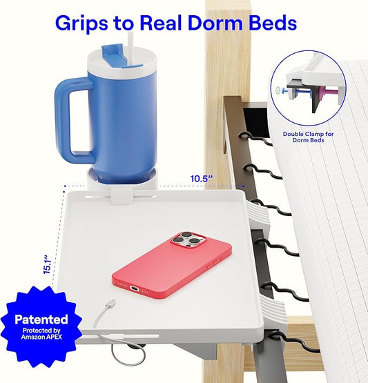 BedShelfie Bedside Shelf for Dorm Room Bunk Bed & Top Bunk, College Dorm Room Essentials, Bedside Caddy, Clip on Floating Tray, Bed Side Table Storage, Loft Nightstand Decor - Dorm Essential, White