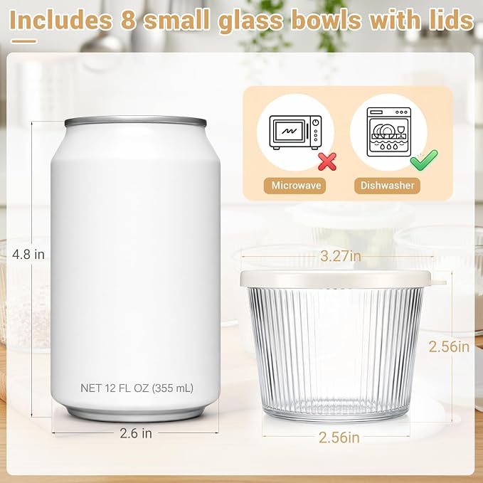 8pc Set of Small Glass Bowls with Lids 6.8oz Ribbed Clear Glass Containers Stackable Dessert Custard Pudding Cups Condiment Bowls for Sauces Dips, Nuts Oats, Candy Dessert, Cereal
