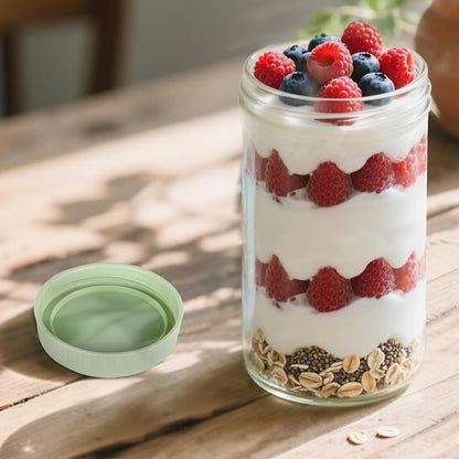 SHOWIN Overnight Oats Containers with Lids, 24oz Glass Jars with Lids 4 pcs, Light Green, Wide Mouth Mason jars for Salad, Yogurt, Snacks, Meal Prep