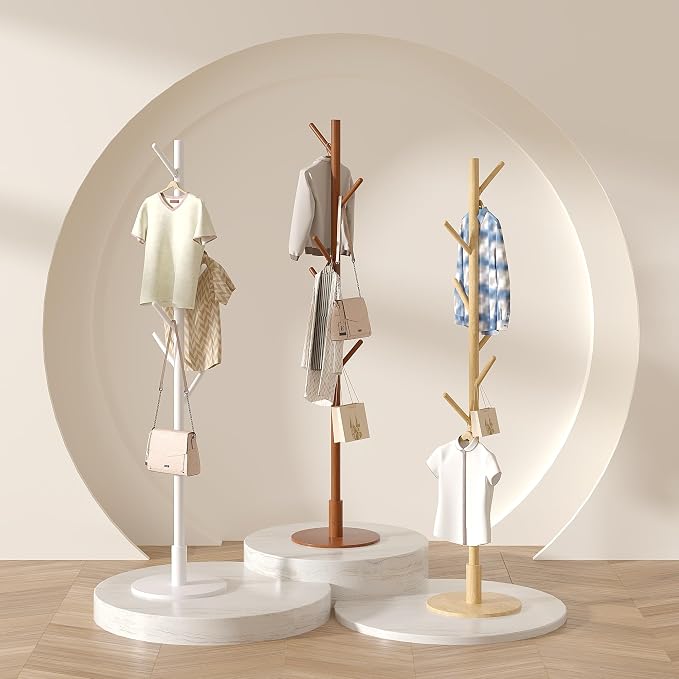 VECELO Coat Rack Freestanding, Entryway Hanger Stand, Umbrella Holder, Hall Tree With Hooks, Floor Standing Tree Stand,Light Wood