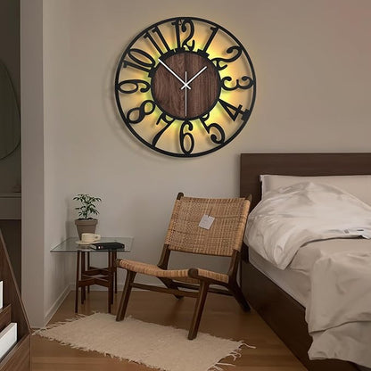 LEIKE Large LED Wall Clocks,Silent,Non Ticking,Battery Operated Rustic Round Modern Big Wood Wall Clock for Living Room, Bedroom,Kitchen,Farmhouse,Office,Home Decor -24" Black,LED,Arabic Number