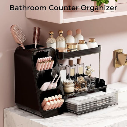 UFORU Makeup Organizer for Vanity with Brush Holder, 2 Tiers Countertop Skincare, Cologne Organizer and Perfume Stand for Men Bathroom Vanity, Large Capacity Makeup Storage, Black