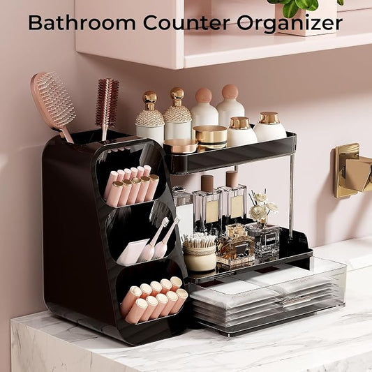 UFORU Makeup Organizer for Vanity with Brush Holder, 2 Tiers Countertop Skincare, Cologne Organizer and Perfume Stand for Men Bathroom Vanity, Large Capacity Makeup Storage, Black