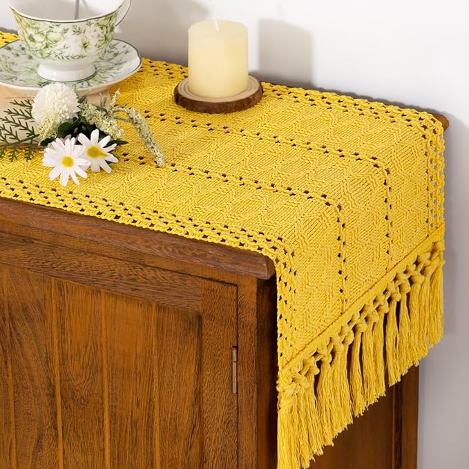 Socomi Boho Table Runner Valentine's Day Farmhouse Rustic Dining Kitchen Centerpiece Decor Small Macrame Woven Cotton Linen Coffee Table Runner for Dresser Scarf Home Decor 12x48 in Yellow Gold