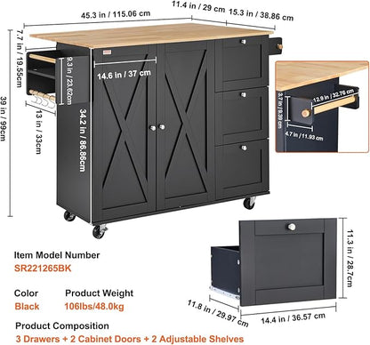 VEVOR Kitchen Island Cart, Rolling Table with Drop Leaf, Spice Rack, Towel Bar, Adjustable Shelf, Drawer, and Hooks, Mobile Island on Wheels, Mobile Carts with Storage Cabinet, 45.3" Wood Top, Black