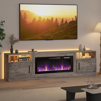 LEMBERI 80 Inch Fireplace TV Stand for TVs up to 90", 36" Electric Fireplace Entertainment Center with 20-Color LED, 300lbs Max Capacity Modern Wood Media Console Cabinet, Gray