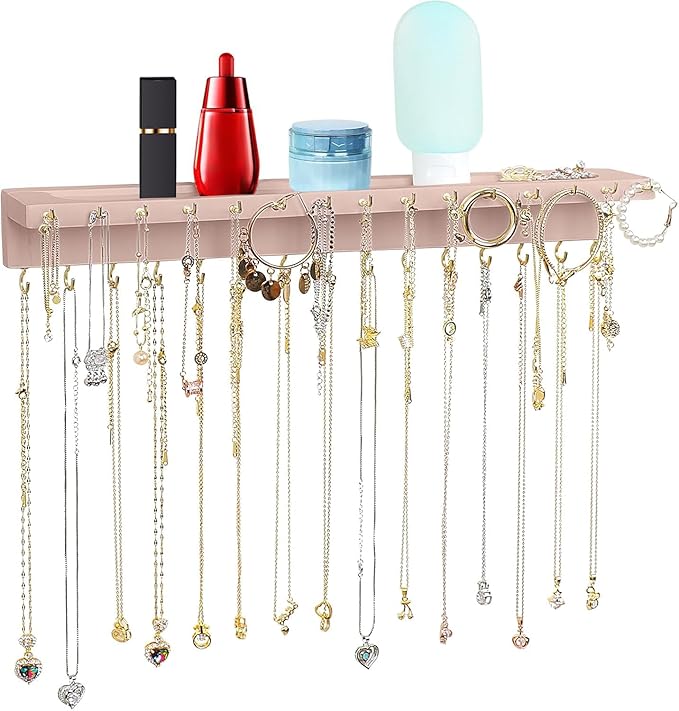 YYILIS Necklace Holder, Upgraded Extra Large Wall Necklace Organizer with 30 Hooks Wall Mounted Necklace Hanger with Jewelry Tray/Cosmetics Shelf Rustic Pine Wood Holder (Pink)