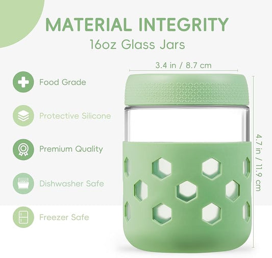 MICEBAY 16oz Overnight Oats Containers with Silicone Sleeves, 4-Pack Wide Mouth Glass Mason Salad Jars with Airtight Lids, BPA-Free Dishwasher Safe Leak-Proof Chia Seed Pudding Jar Meal Prep Container