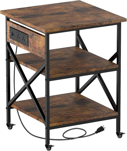 TUMAN Pro Large Printer Stand with Power Outlet 3 Tier Adjustable Shelves Mobile Cart with Industrial Casters 23.6 x 23.6 x 30 Inches for Home Office Rustic Brown