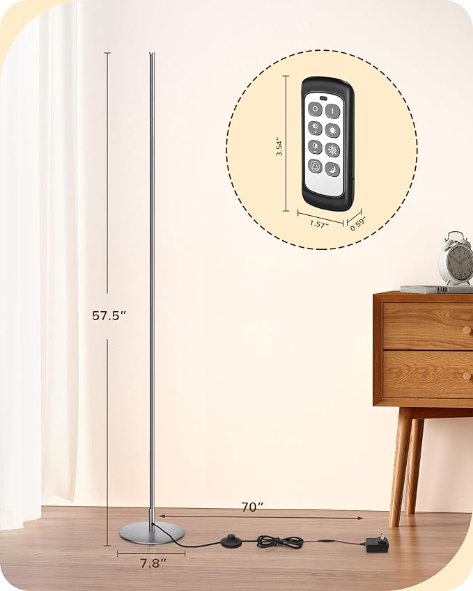 EDISHINE LED Corner Floor Lamp, Minimalist Dimmable Light with Remote, 57.5 Inches Tall Floor Lamps for Living Room, Bedroom, Home Office, 7 Color Temperature 2700-6000K (Silver)