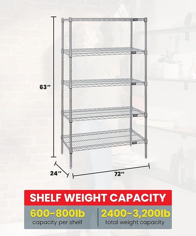 Quantum Storage Systems WR63-2472S-5 Starter Kit Wire Shelves Stainless Steel 5 Shelves 63" H x 72" W x 24" D