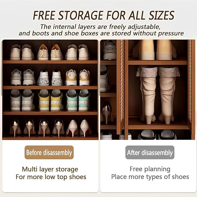 Bamboo Shoe Cabinet, 7-Tier Shoe Storage Cabinet with Doors, Freestanding Bamboo Shoe Rack Organizer with Shelves for Entryway, Hallway, Closet, Living Room
