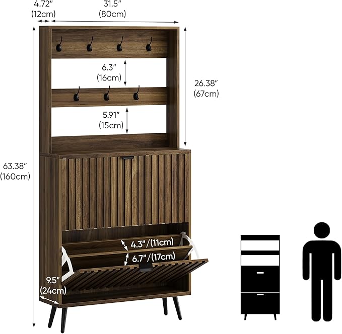 Tall Shoe Cabinet with Coat Rack,Fluted Shoe Cabinet Storage for Entryway, Walnut Hidden Shoe Cabinet with Metal Legs,Shoe Organizer Cabinet, Slim Entryway Shoe Storage Cabinet （31.5in）