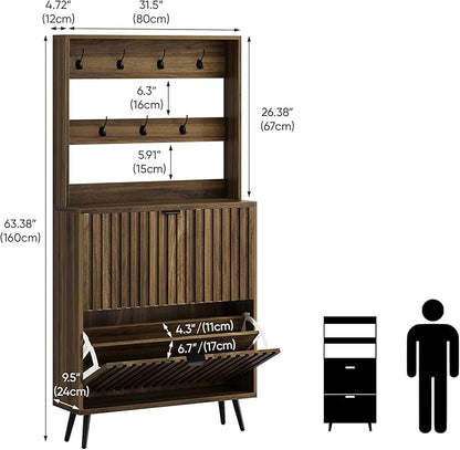 Tall Shoe Cabinet with Coat Rack,Fluted Shoe Cabinet Storage for Entryway, Walnut Hidden Shoe Cabinet with Metal Legs,Shoe Organizer Cabinet, Slim Entryway Shoe Storage Cabinet （31.5in）