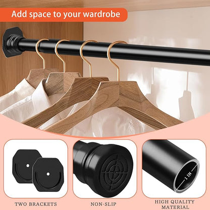 Closet Rod for Hanging Clothes, with No Drilling Holder 30 to 88 Inches Adjustable Matte Black Closet Rods, Space Saving Tension Spring Pole Heavy Duty Bar for Wardrobes, Shoe Cabinets
