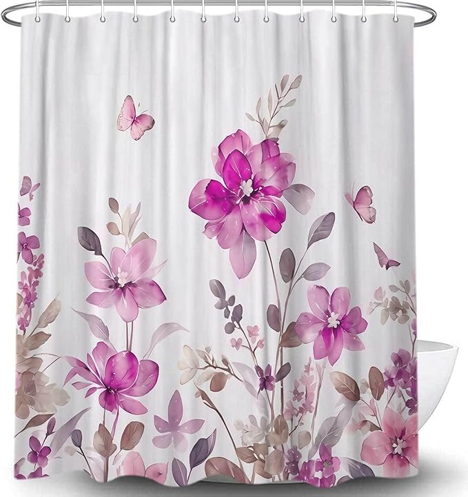 Pink Floral Shower Curtain, Pink Lavender Floral Butterfly Boho Shower Curtains for Bathroom, Farmhous Flower Cute Fabric Shower Curtain Set with 12PCS Hooks, 70X85IN