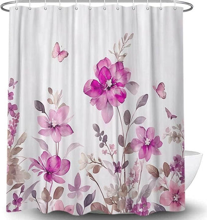 Pink Floral Shower Curtain, Pink Lavender Floral Butterfly Boho Shower Curtains for Bathroom, Farmhous Flower Cute Fabric Shower Curtain Set with 12PCS Hooks, 70X85IN