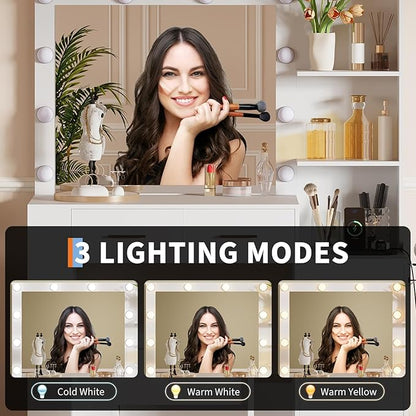 【10-Bulb Mirror | Built-in Outlets】 41'' Large Vanity Desk with Mirror and 3 Color Lighting Modes - Makeup Desk with Stool and 5 Drawers for Bedroom