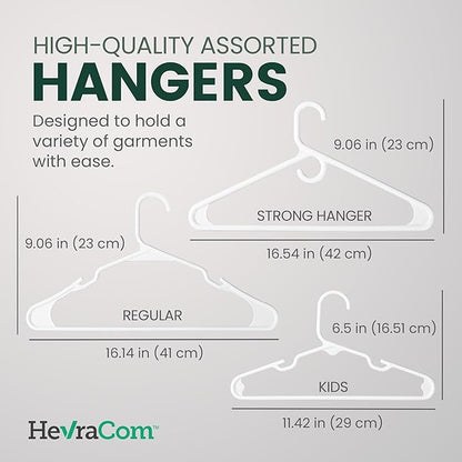 HevraCom Clothes Hangers Family Pack Strong Non Slip Hangers 50 Pack - 30 Standard, 10 Kids, 10 Heavy Duty, Space Saving Coat and Pants Hangers, Skirt Hanger for Storage, Hangers Plastic 50 Pack