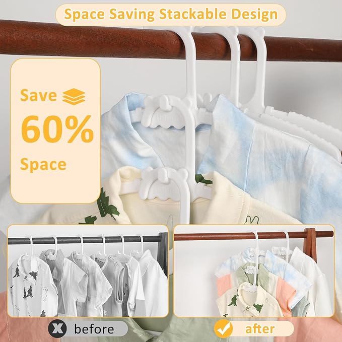 50 Pack Baby Clothes Hangers with 16 Clips, 11-15 inch Adjustable Kid Hanger, Multifunctional Children Hanger for Girl Boy Toddler Kids Child(White)