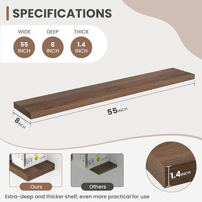 Acovy 55 Inch Floating Shelves, 8 Inch Deep Floating Shelves for Wall, Hanging Shelf with Invisible Brackets, Deep Shelves for Bathroom, Bedroom, Living Room, Walnut, Set of 2