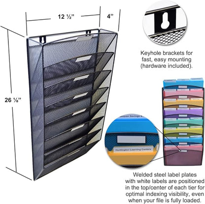 Ultimate Office Mesh Wall File Organizer, 8 Tier Vertical Mount Hanging File Sorter. Multipurpose Display Rack Includes 18, 3rd Cut PocketFile Clear Document Folder Project Pockets (Black)