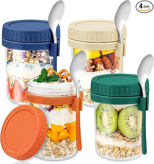 DRKIO 4 Pack Glass Overnight Oats Containers with Lids and Spoons 16 Oz Mason Jars for Overnight Oats Jars Leak Proof Oatmeal Container Meal Prep Jar for Cereal Fruit Vegetable Milk Salad Yogurt