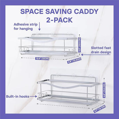 KINCMAX Iron Shower Caddies - Self Adhesive Bathroom Shelves for Showers - Wall Organizer Shampoo Holder Shelf - Peel and Stick On Caddy Bath Tub Rack - Pack of 2 Holders - Silver
