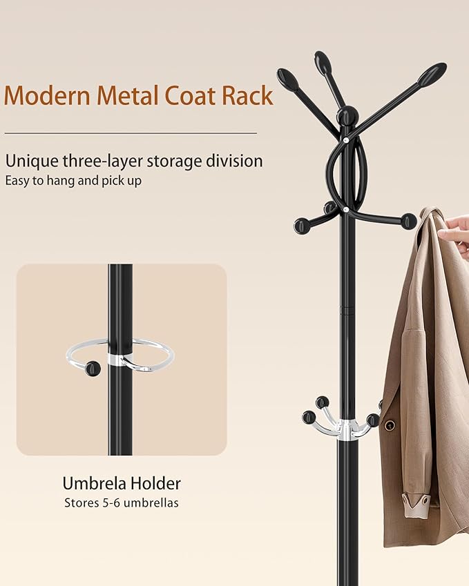 Metal Coat Rack with Natural Marble Base, Coat Rack Stand with 10 Hooks & Umbrella Holder, Black Modern Freestanging Coat Racks, Coat Jacket Hanger Tree Stand for Corner Entryway Office